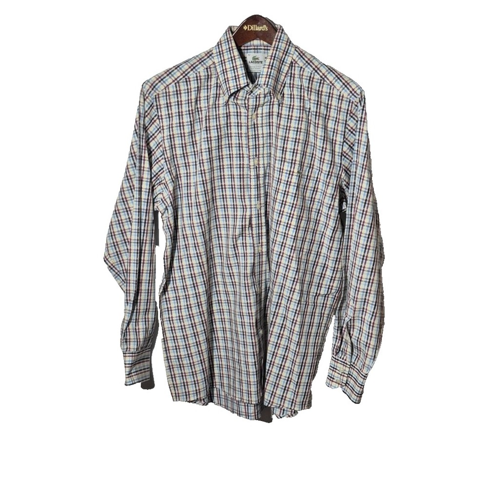 Lacoste Shirt‎ Mens 42 Blue Red Yellow Plaid Button Down Long Sleeve Croc Logo